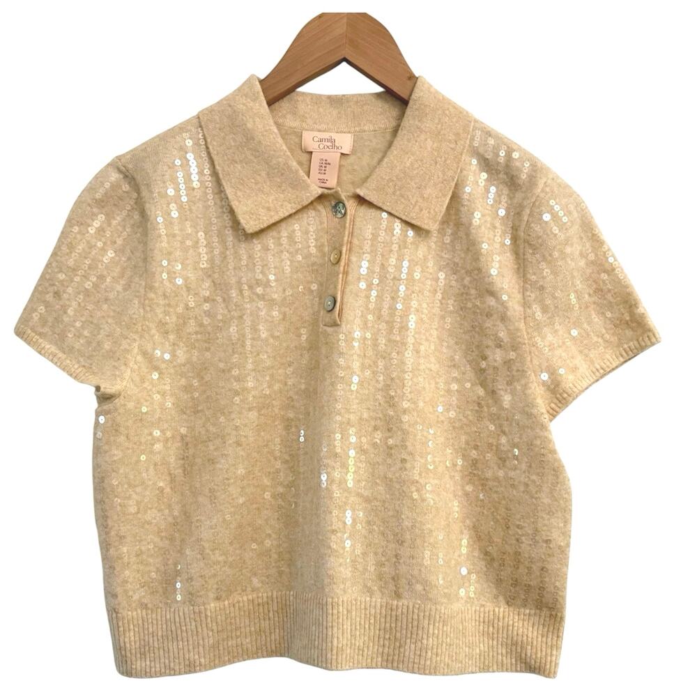 Camila Coelho Sequin Polo Top Women’s Size Medium Glam Sparkle Wool Blend